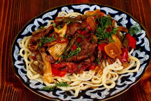 Lagman hand-pulled noodles with meat and vegetables